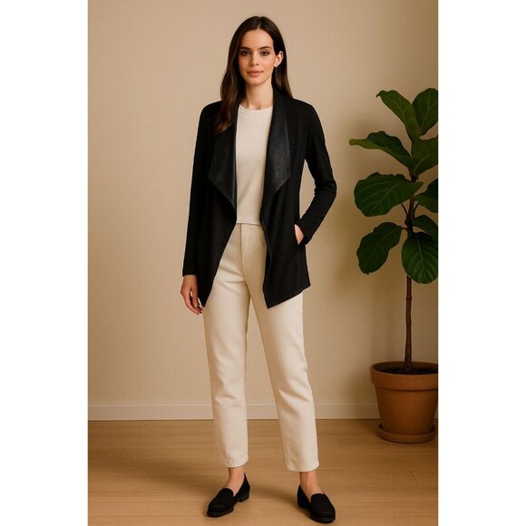 CAbi Women Black Faux Leather-Trim Waterfall Jacket M Whimsygoth Glam Minimalist - Picture 2 of 14